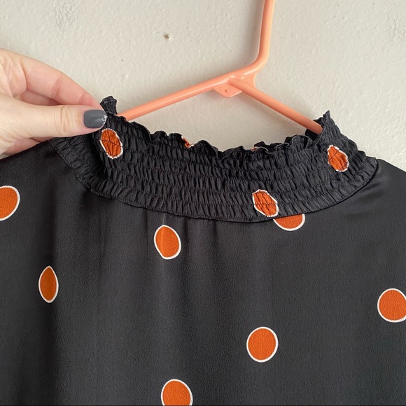 Waverly Grey Black With Orange Polka Dots Mock Neck Bell Sleeve Blouse Medium - Picture 4 of 9